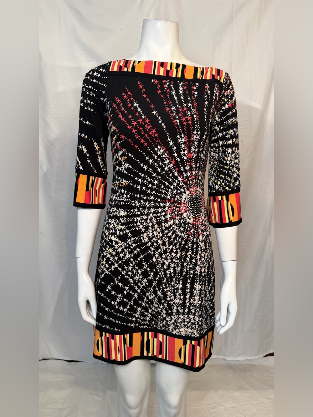 Ali Ro Black Shift Dress with Pink & Orange Burst Accents